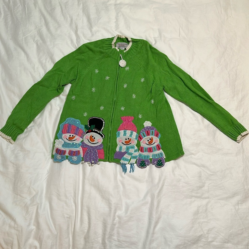 L Vintage ugly Christmas sweater snowmen Tiara International beaded